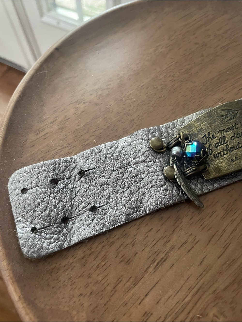 Inspirational Metallic Leather Bracelet with Brass Plate and Charms - Picture 7 of 8